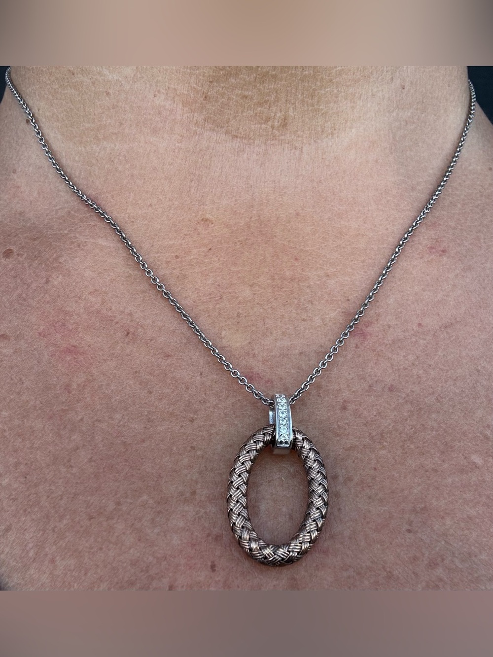 Sterling Silver/Rose Gold-Plated Oval Braided Pendant CZ With 925 Necklace 18”